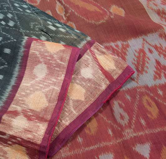 Sushila Vintage Pochampally Ikat Saree Pure Cotton Silk Zari Woven Black Sari