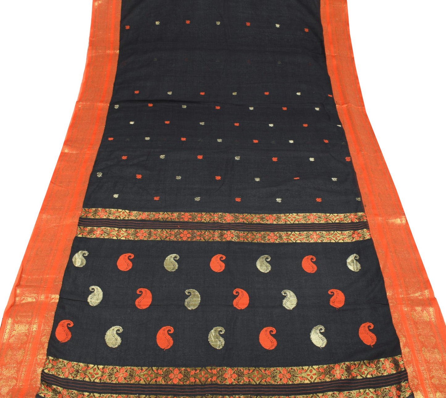 Sushila Vintage Black Bengal Tant Saree Orange Border Pure Cotton Woven Sari