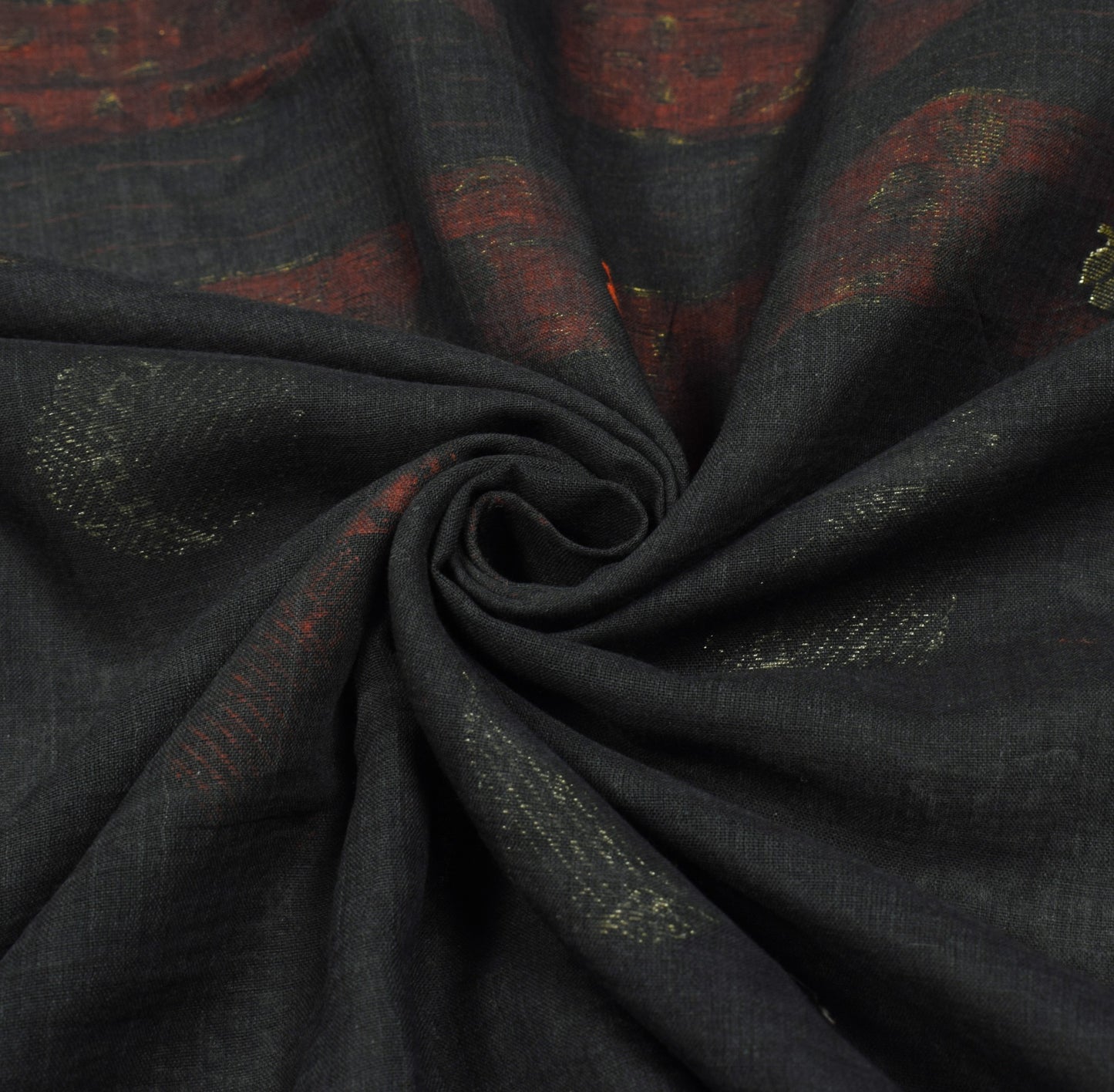 Sushila Vintage Black Bengal Tant Saree Orange Border Pure Cotton Woven Sari