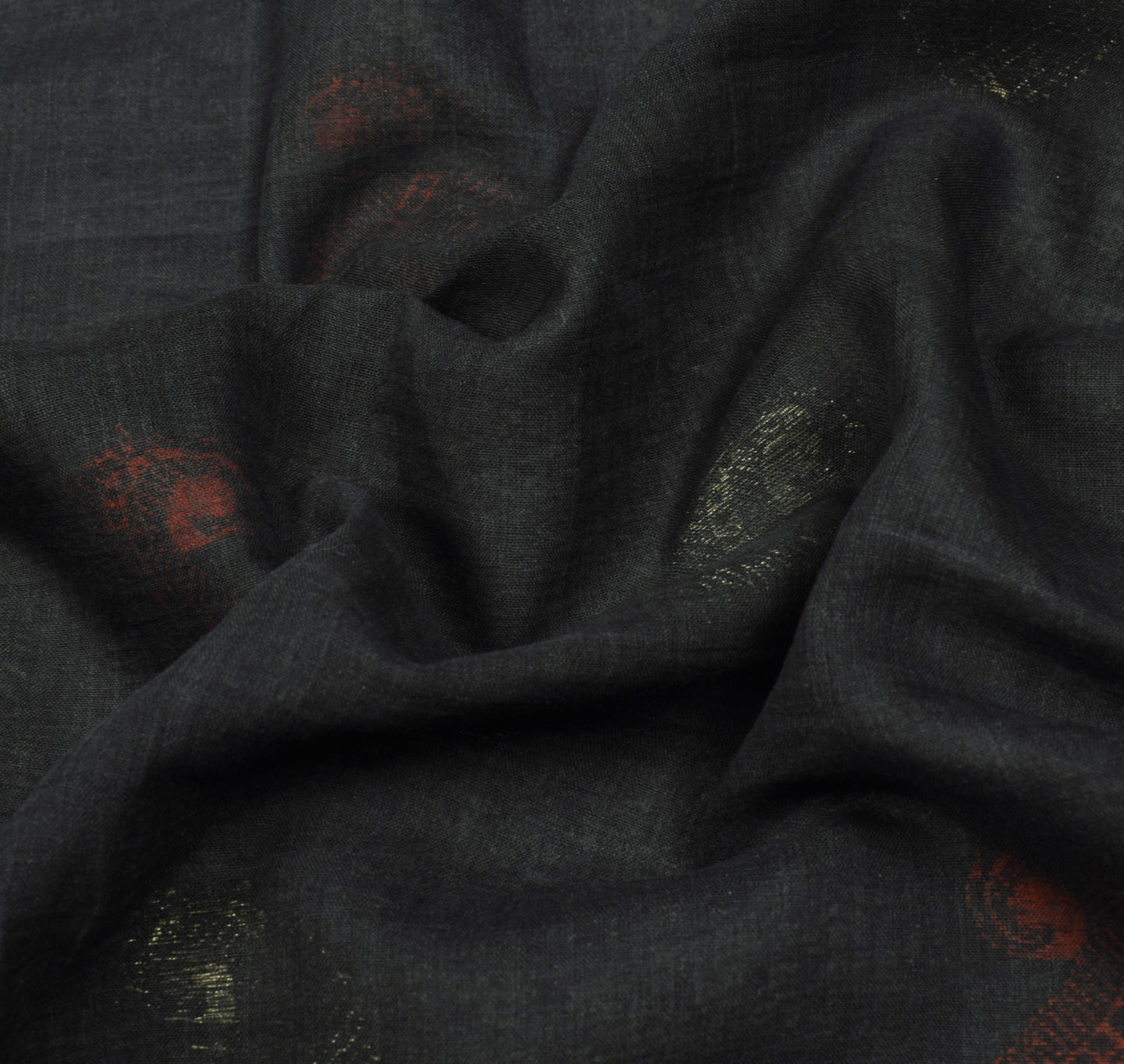 Sushila Vintage Black Bengal Tant Saree Orange Border Pure Cotton Woven Sari