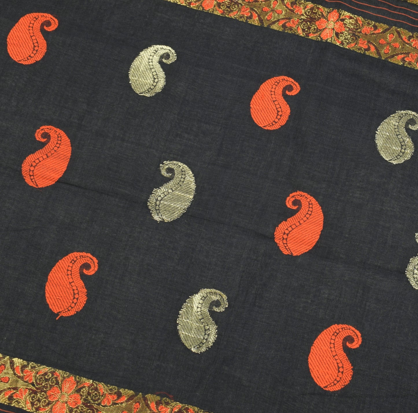 Sushila Vintage Black Bengal Tant Saree Orange Border Pure Cotton Woven Sari