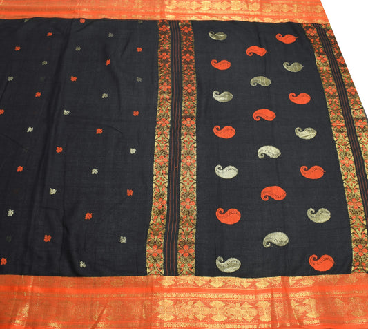 Sushila Vintage Black Bengal Tant Saree Orange Border Pure Cotton Woven Sari