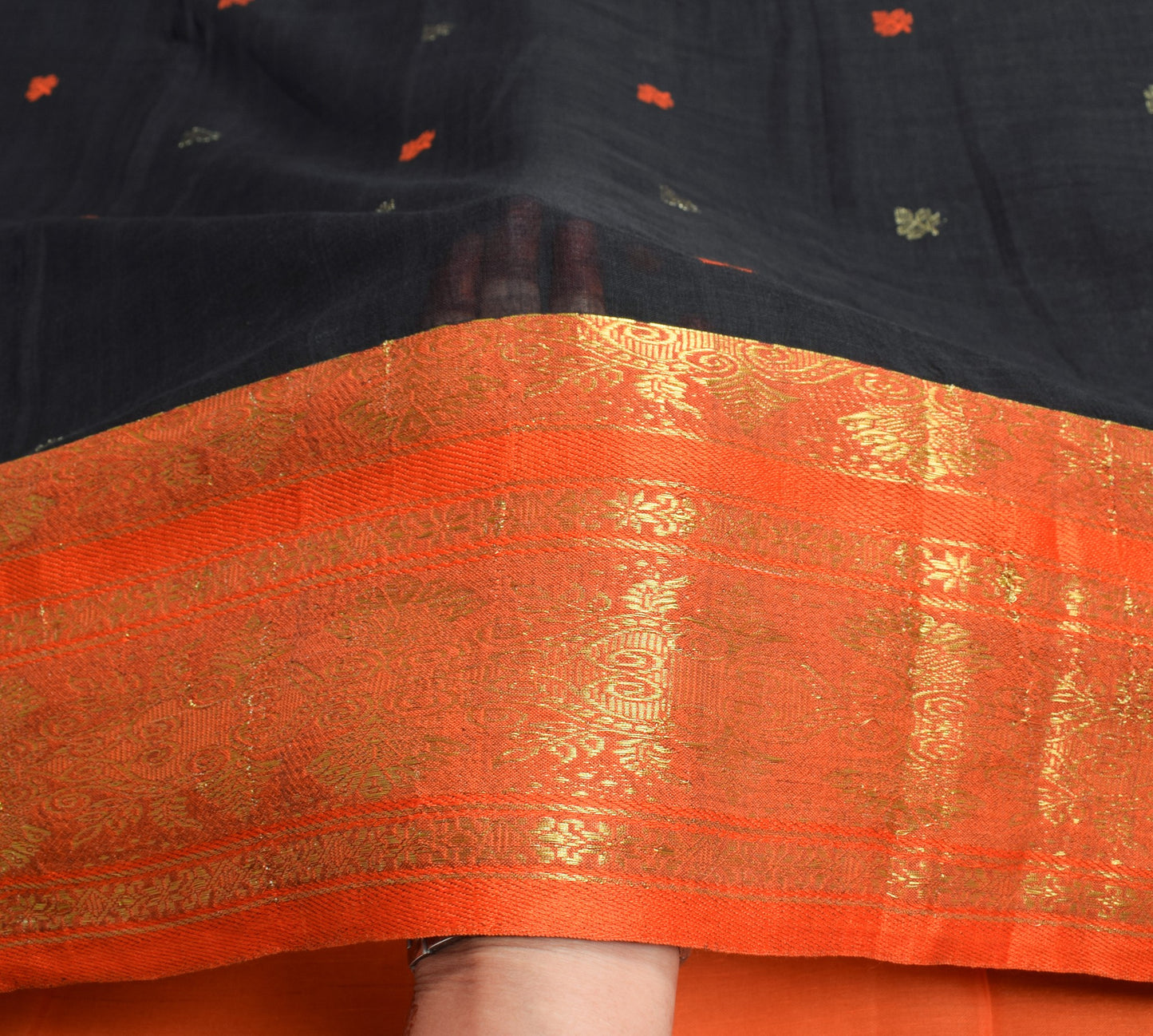 Sushila Vintage Black Bengal Tant Saree Orange Border Pure Cotton Woven Sari