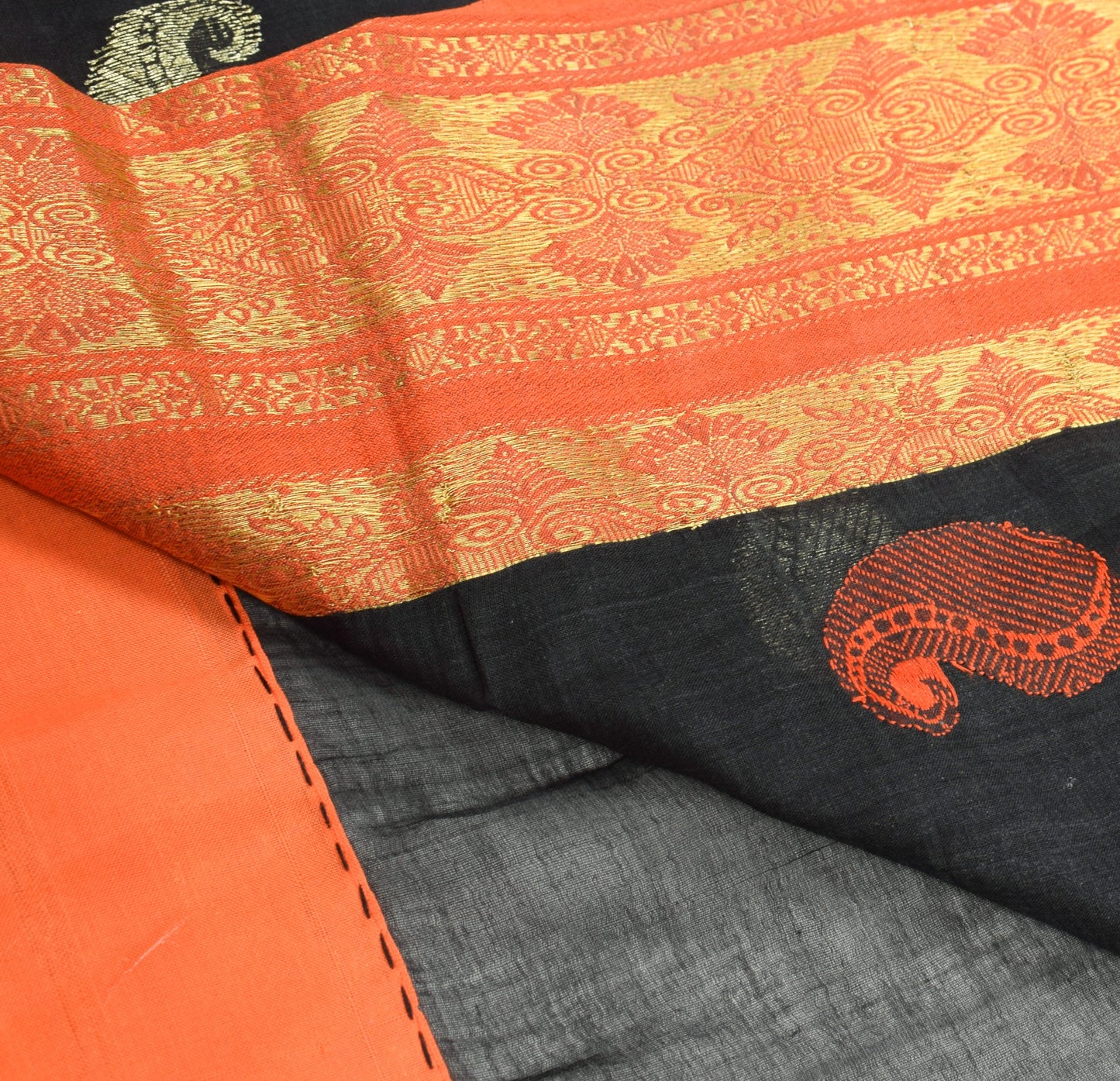 Sushila Vintage Black Bengal Tant Saree Orange Border Pure Cotton Woven Sari