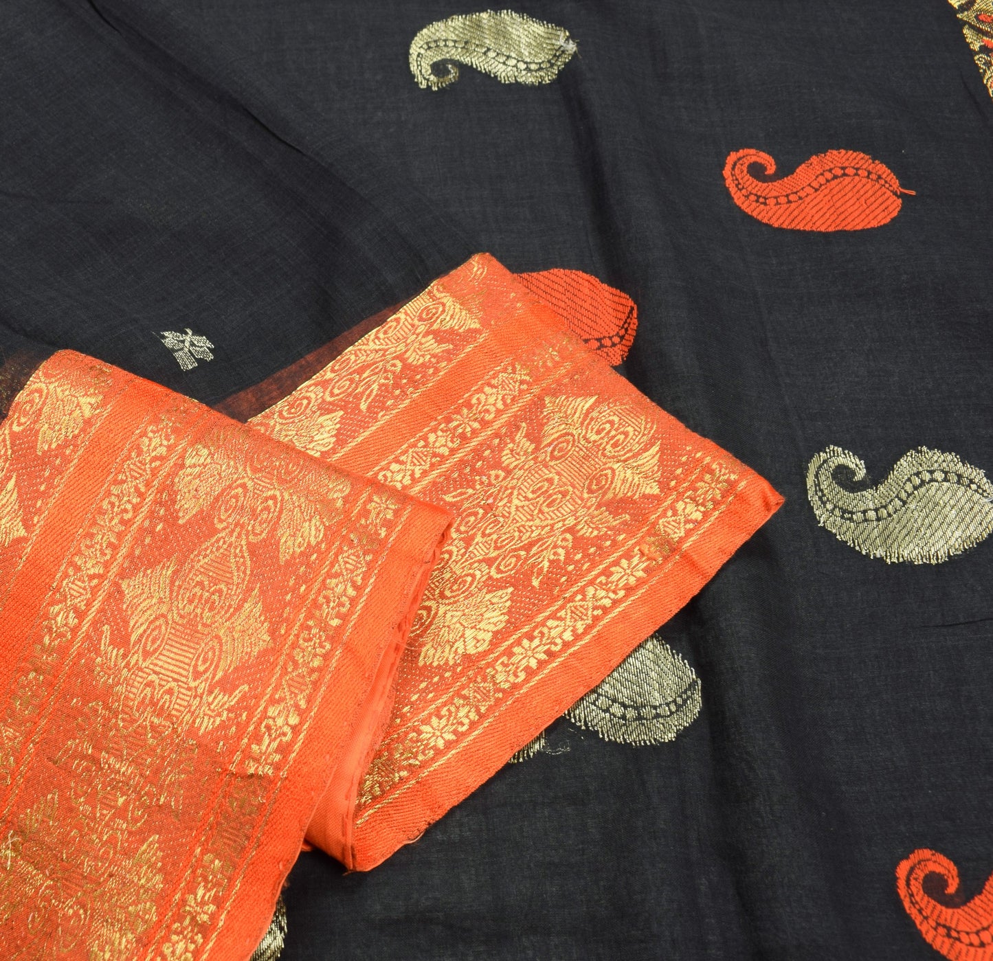 Sushila Vintage Black Bengal Tant Saree Orange Border Pure Cotton Woven Sari