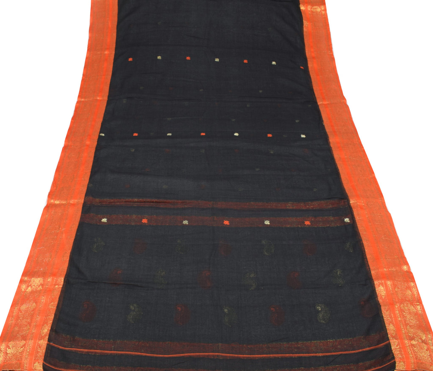 Sushila Vintage Black Bengal Tant Saree Orange Border Pure Cotton Woven Sari