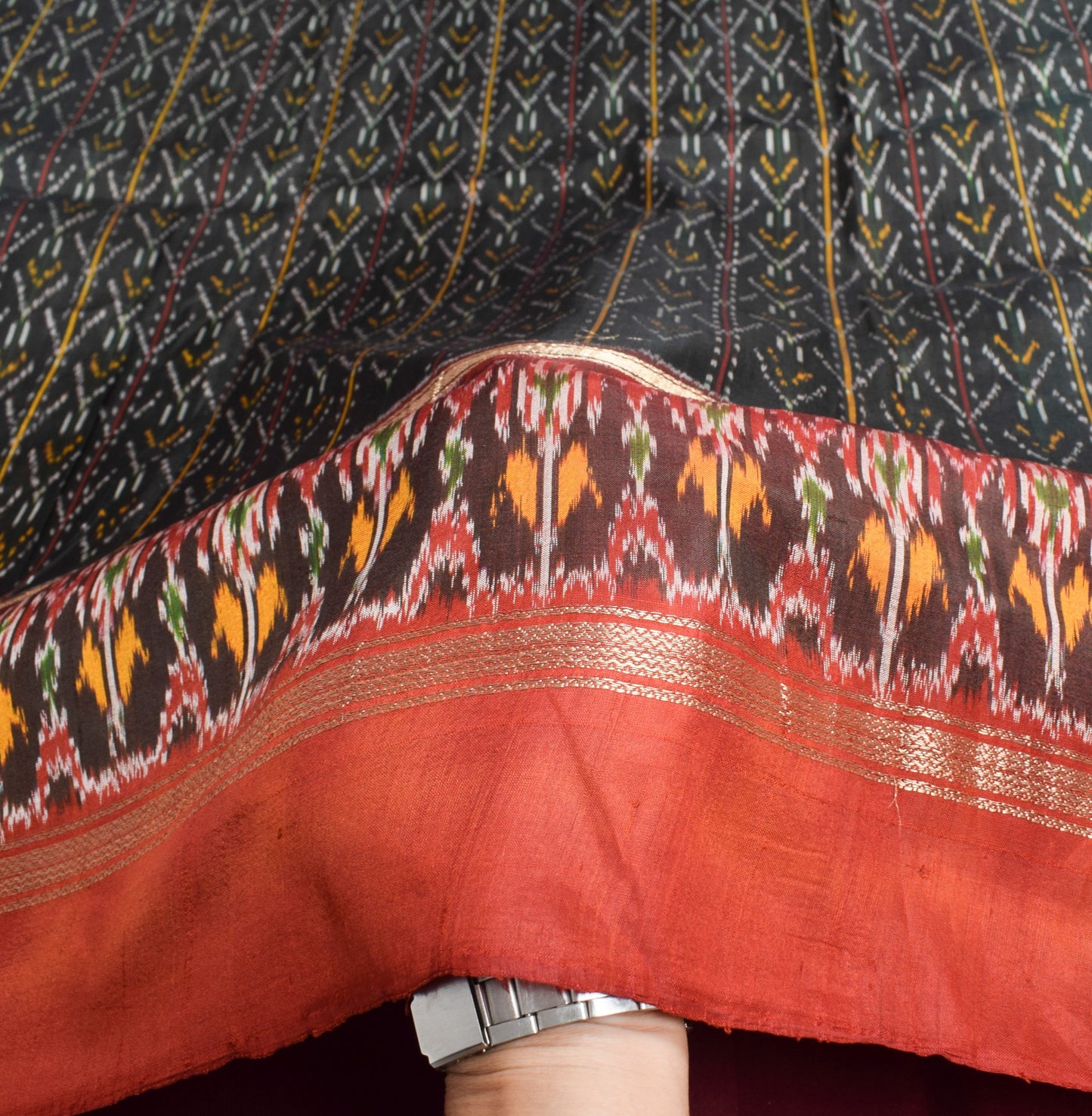 Sushila Vintage Black Saree Pure Silk Hand Woven Ikat Patola Rare Sari Fabric