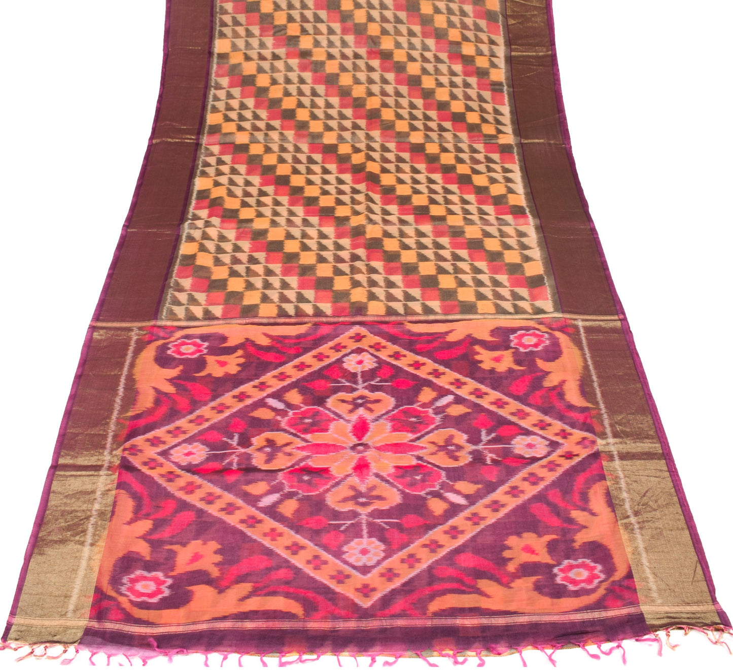 Sushila Vintage Peach Pure Cotton Silk Saree Zari Border Pochampally Ikat Sari