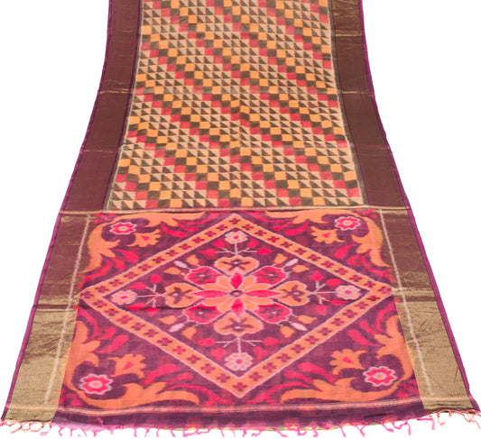 Sushila Vintage Peach Pure Cotton Silk Saree Zari Border Pochampally Ikat Sari