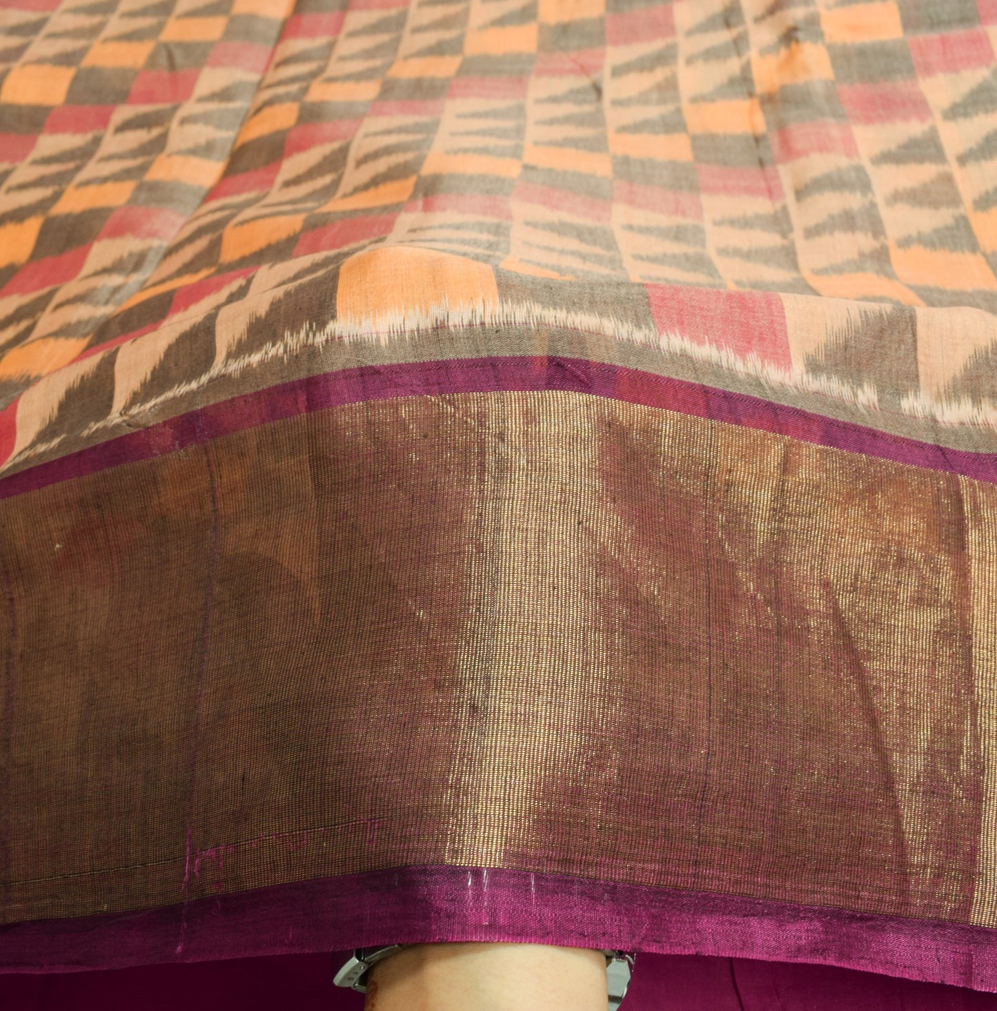 Sushila Vintage Peach Pure Cotton Silk Saree Zari Border Pochampally Ikat Sari