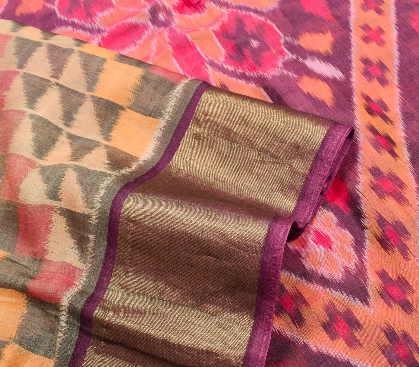 Sushila Vintage Peach Pure Cotton Silk Saree Zari Border Pochampally Ikat Sari