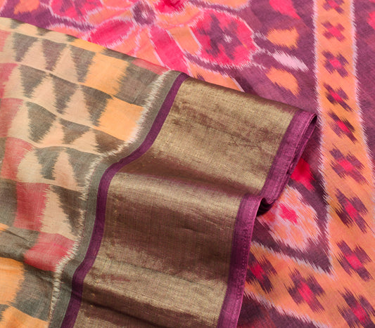 Sushila Vintage Peach Pure Cotton Silk Saree Zari Border Pochampally Ikat Sari