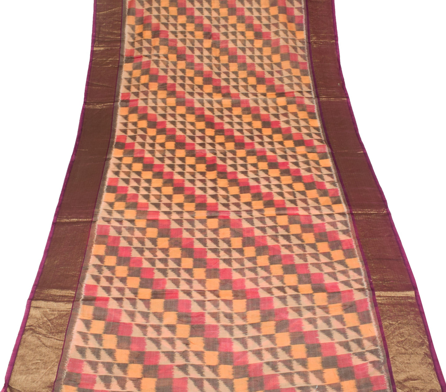Sushila Vintage Peach Pure Cotton Silk Saree Zari Border Pochampally Ikat Sari