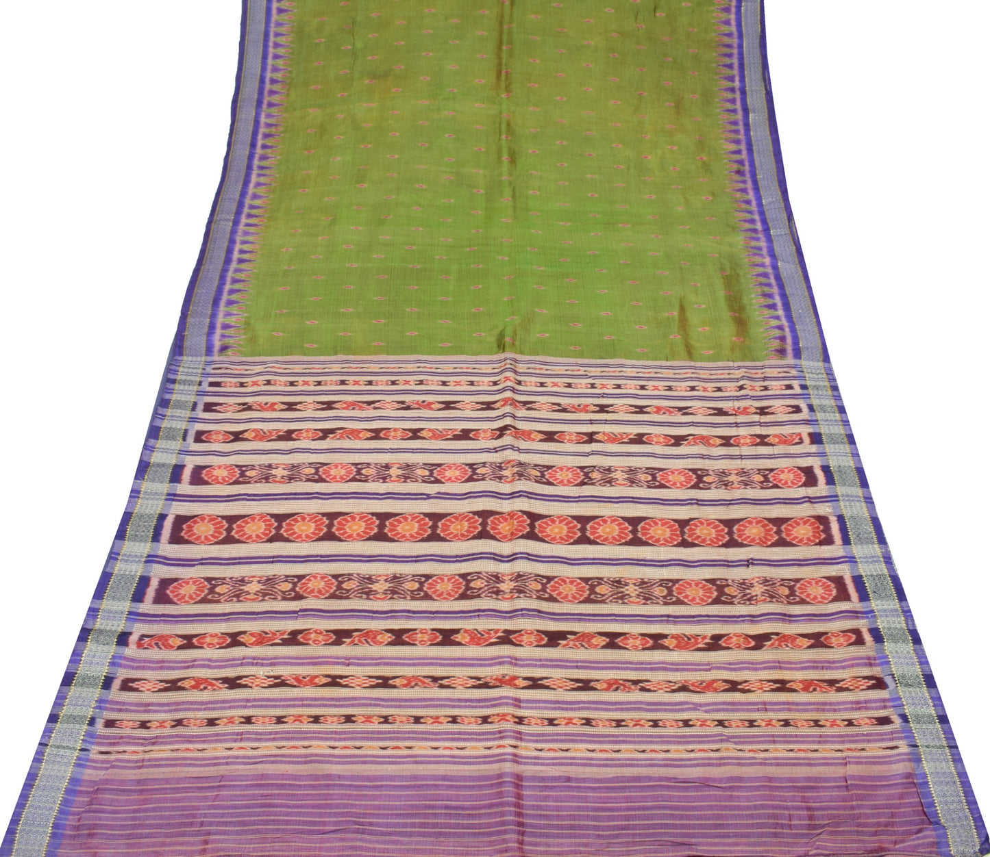 Sushila Vintage Sambalpuri Pure Silk Saree Ikat with Rudraksh border Green Sari