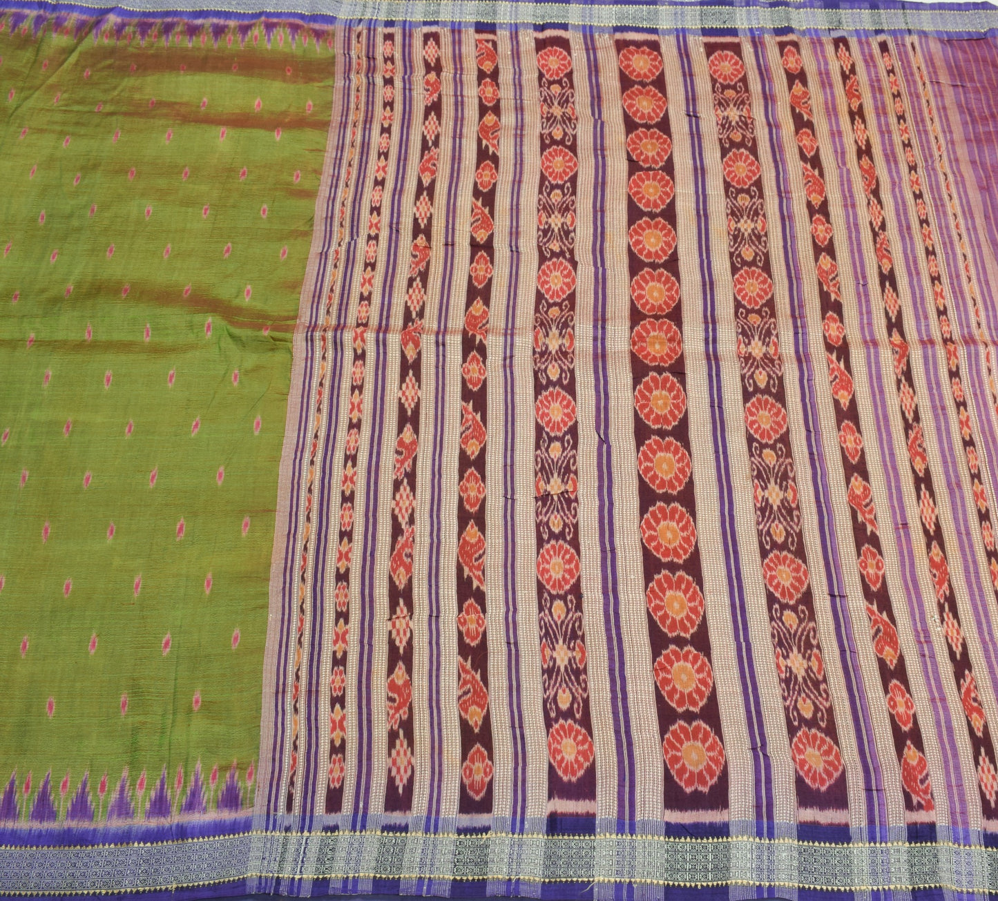 Sushila Vintage Sambalpuri Pure Silk Saree Ikat with Rudraksh border Green Sari