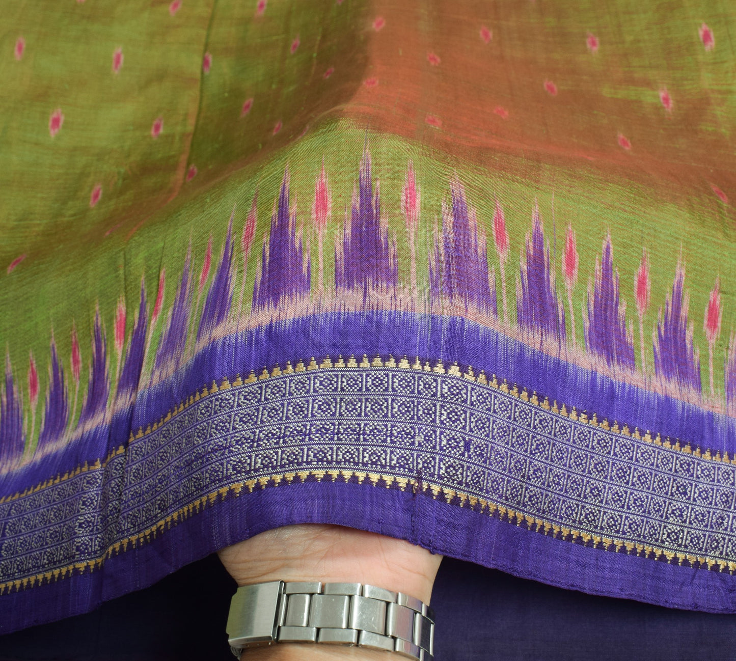 Sushila Vintage Sambalpuri Pure Silk Saree Ikat with Rudraksh border Green Sari