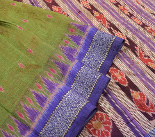Sushila Vintage Sambalpuri Pure Silk Saree Ikat with Rudraksh border Green Sari