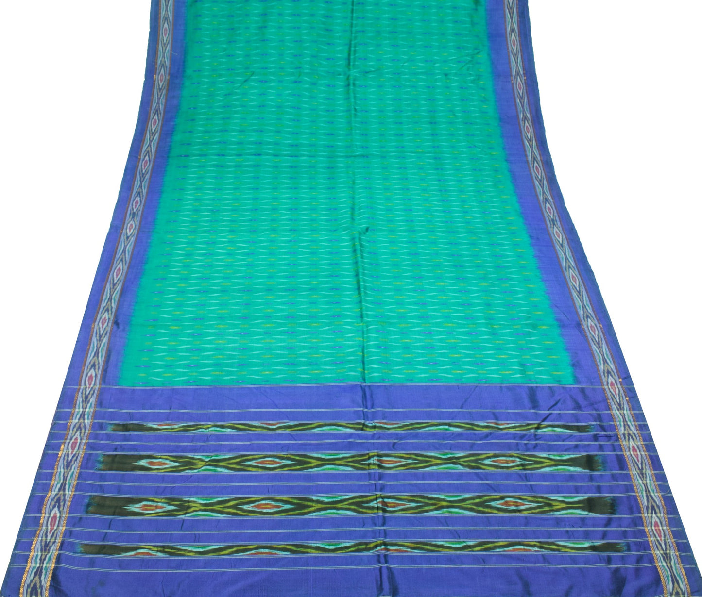 Sushila Vintage Teal Green Saree Hand Woven Ikat Patola Pure Silk Sari Fabric
