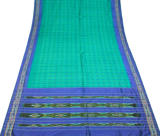 Sushila Vintage Teal Green Saree Hand Woven Ikat Patola Pure Silk Sari Fabric
