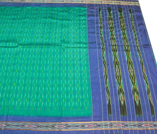 Sushila Vintage Teal Green Saree Hand Woven Ikat Patola Pure Silk Sari Fabric