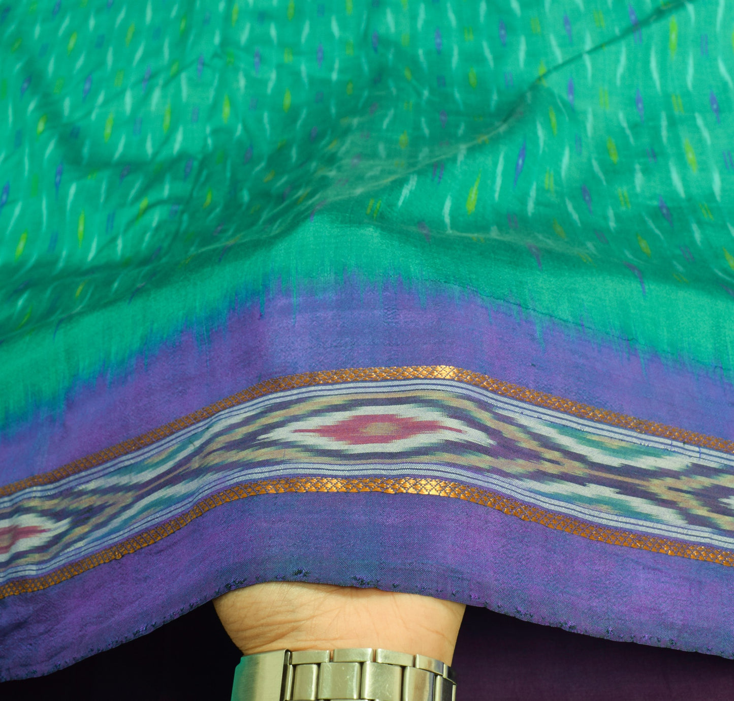 Sushila Vintage Teal Green Saree Hand Woven Ikat Patola Pure Silk Sari Fabric