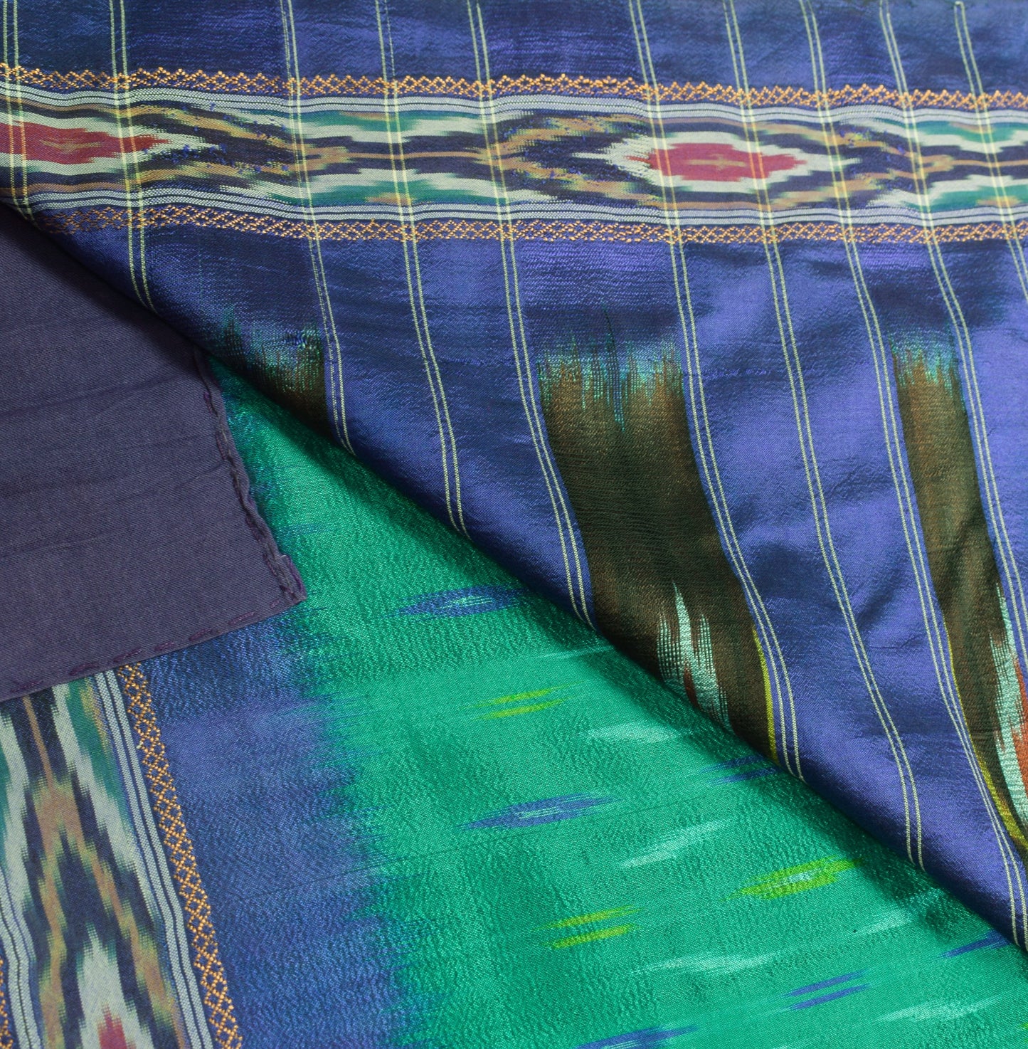 Sushila Vintage Teal Green Saree Hand Woven Ikat Patola Pure Silk Sari Fabric