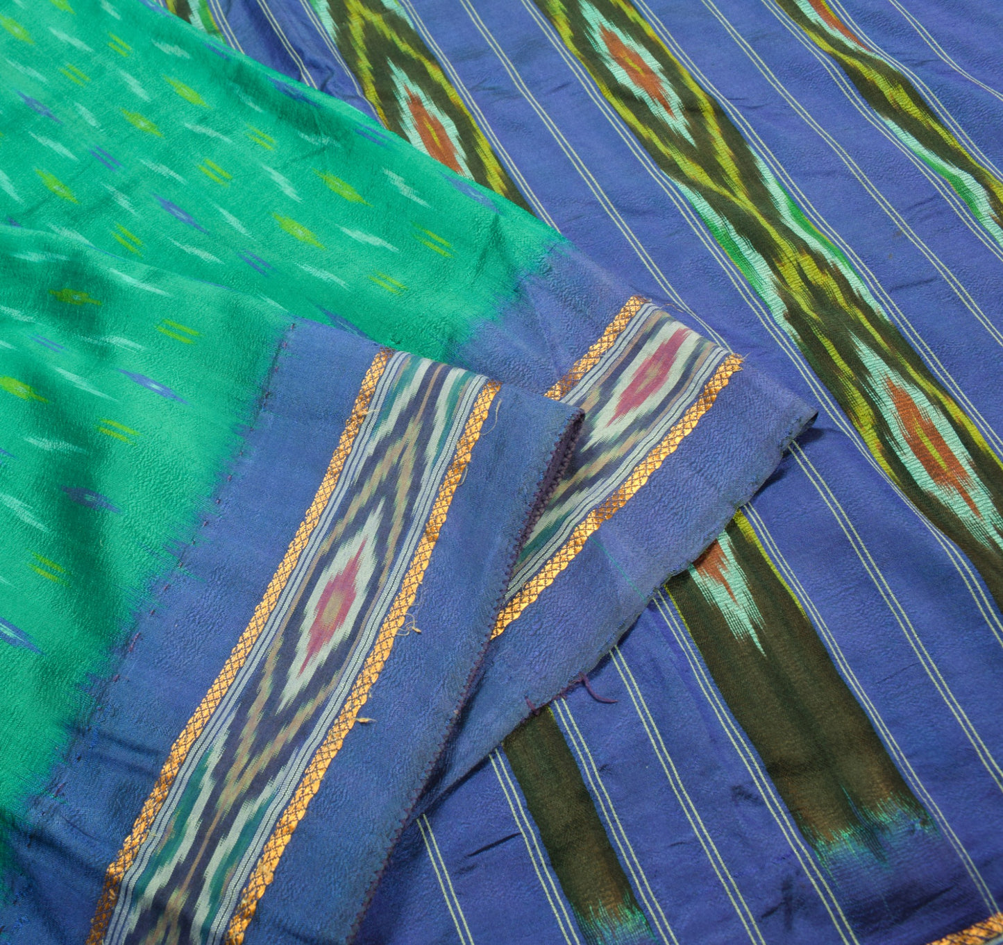 Sushila Vintage Teal Green Saree Hand Woven Ikat Patola Pure Silk Sari Fabric