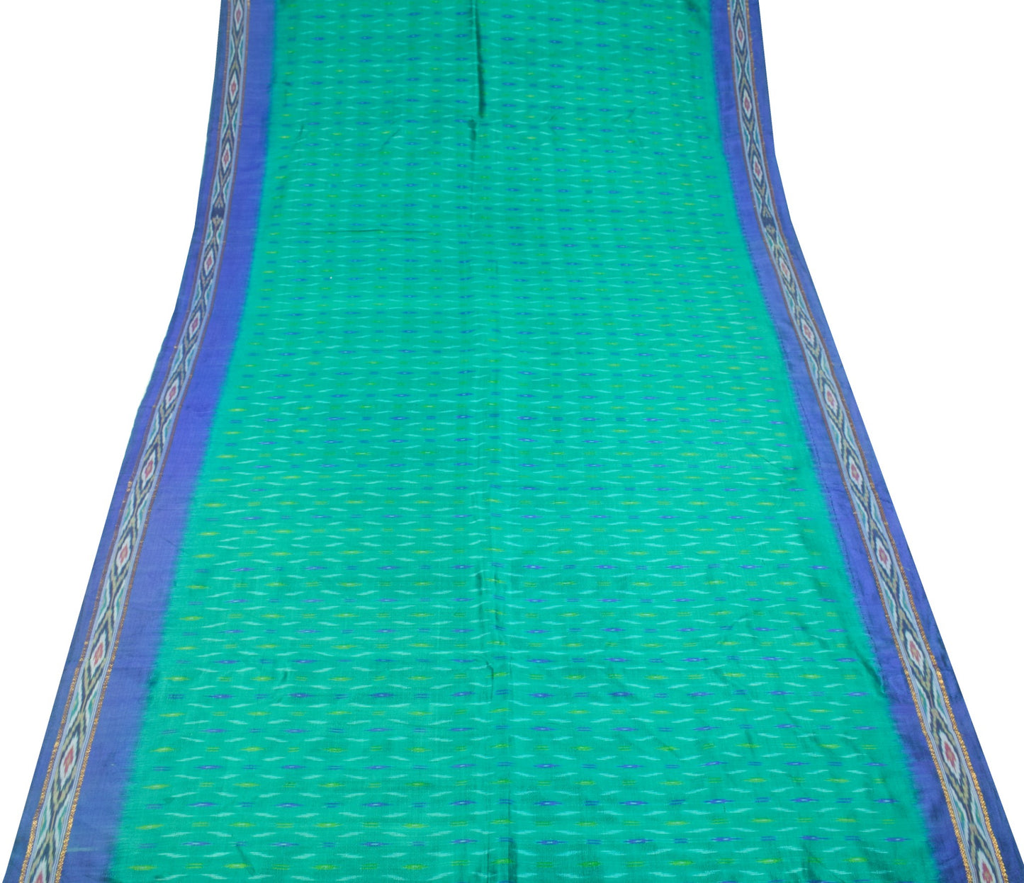 Sushila Vintage Teal Green Saree Hand Woven Ikat Patola Pure Silk Sari Fabric