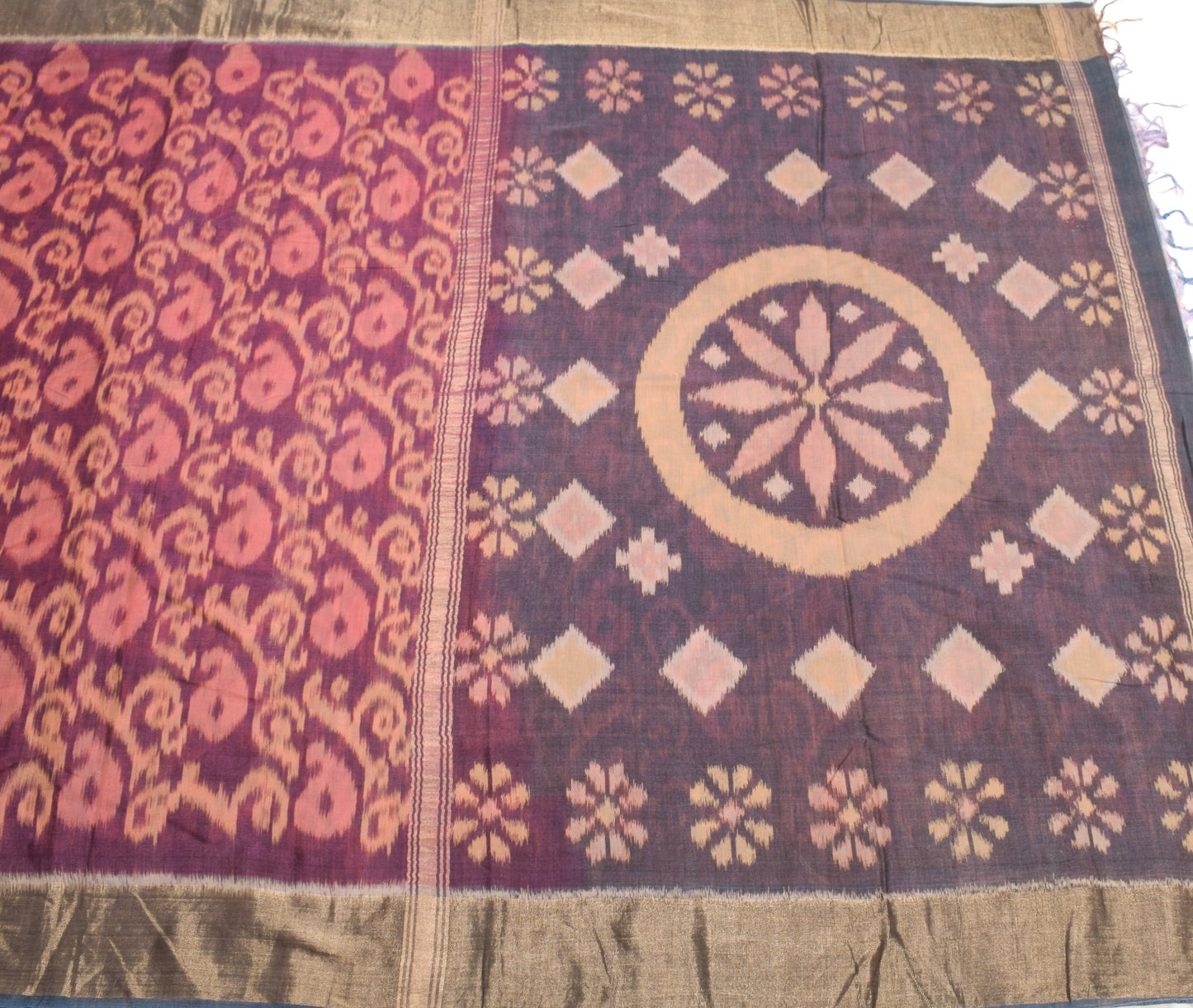 Sushila Vintage Wine Saree Pure Cotton Silk Hand Woven Pochamapally Ikat Sari