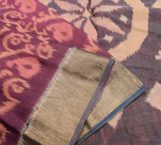 Sushila Vintage Wine Saree Pure Cotton Silk Hand Woven Pochamapally Ikat Sari