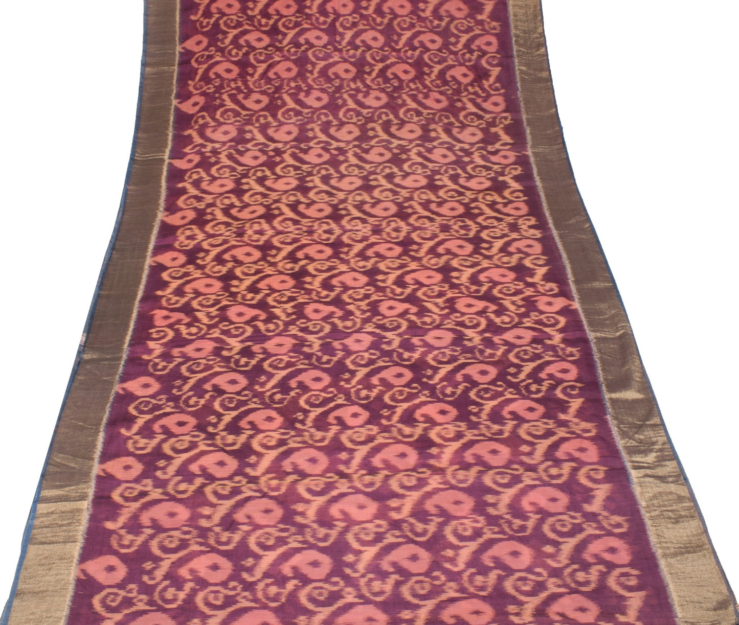 Sushila Vintage Wine Saree Pure Cotton Silk Hand Woven Pochamapally Ikat Sari