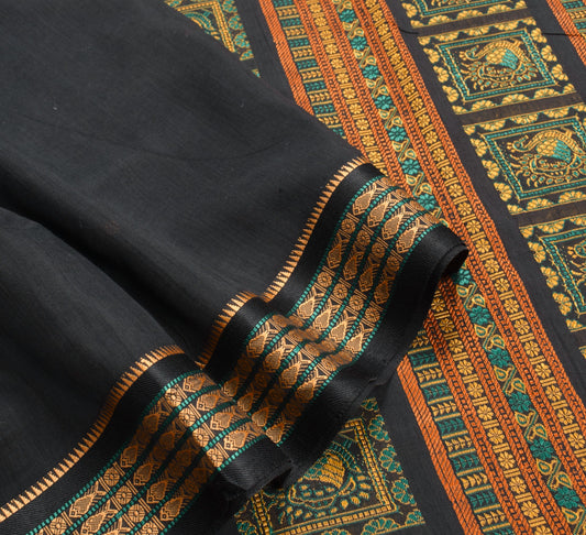 Sushila Vintage Handloom Bomkai Saree PureCotton Rudraksh Fish Border Black Sari