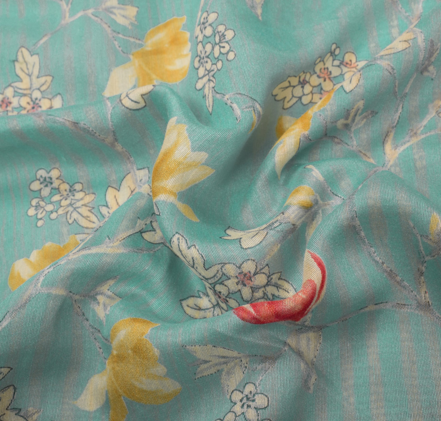 Sushila Vintage Digital Print Saree Floral Art Cotton Silk Woven Aqua Blue Sari