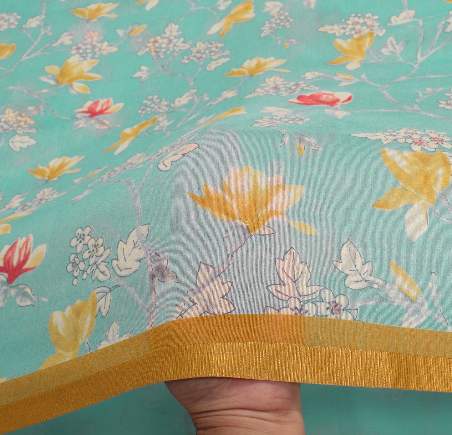 Sushila Vintage Digital Print Saree Floral Art Cotton Silk Woven Aqua Blue Sari