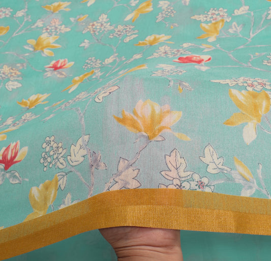 Sushila Vintage Digital Print Saree Floral Art Cotton Silk Woven Aqua Blue Sari