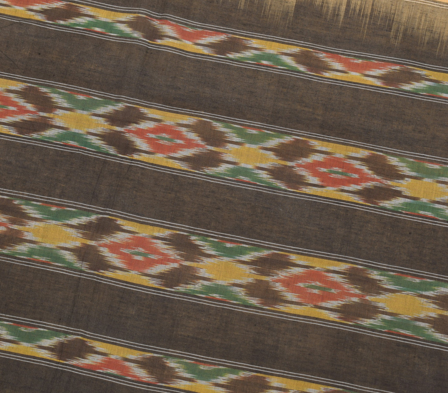 Sushila Vintage Brown Black Saree Hand Woven Ikat Patola Sari Pure Cotton Fabric