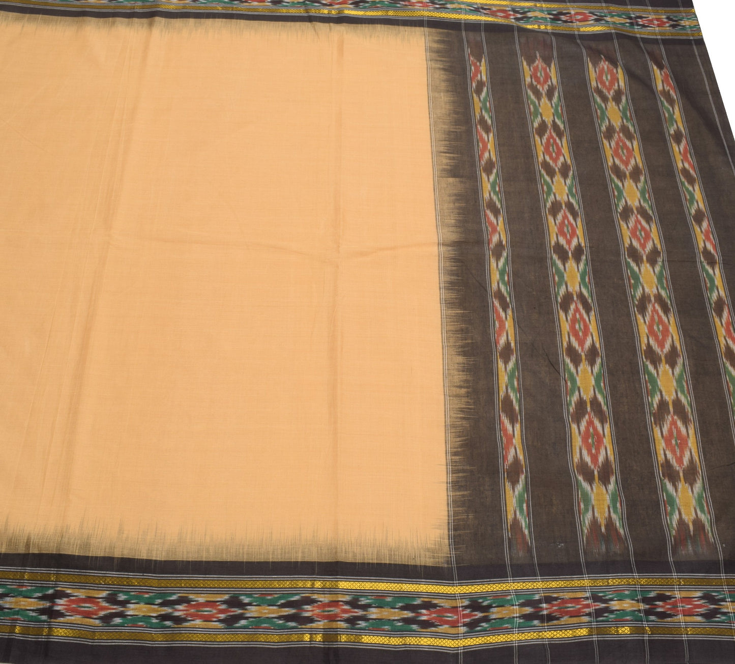 Sushila Vintage Brown Black Saree Hand Woven Ikat Patola Sari Pure Cotton Fabric