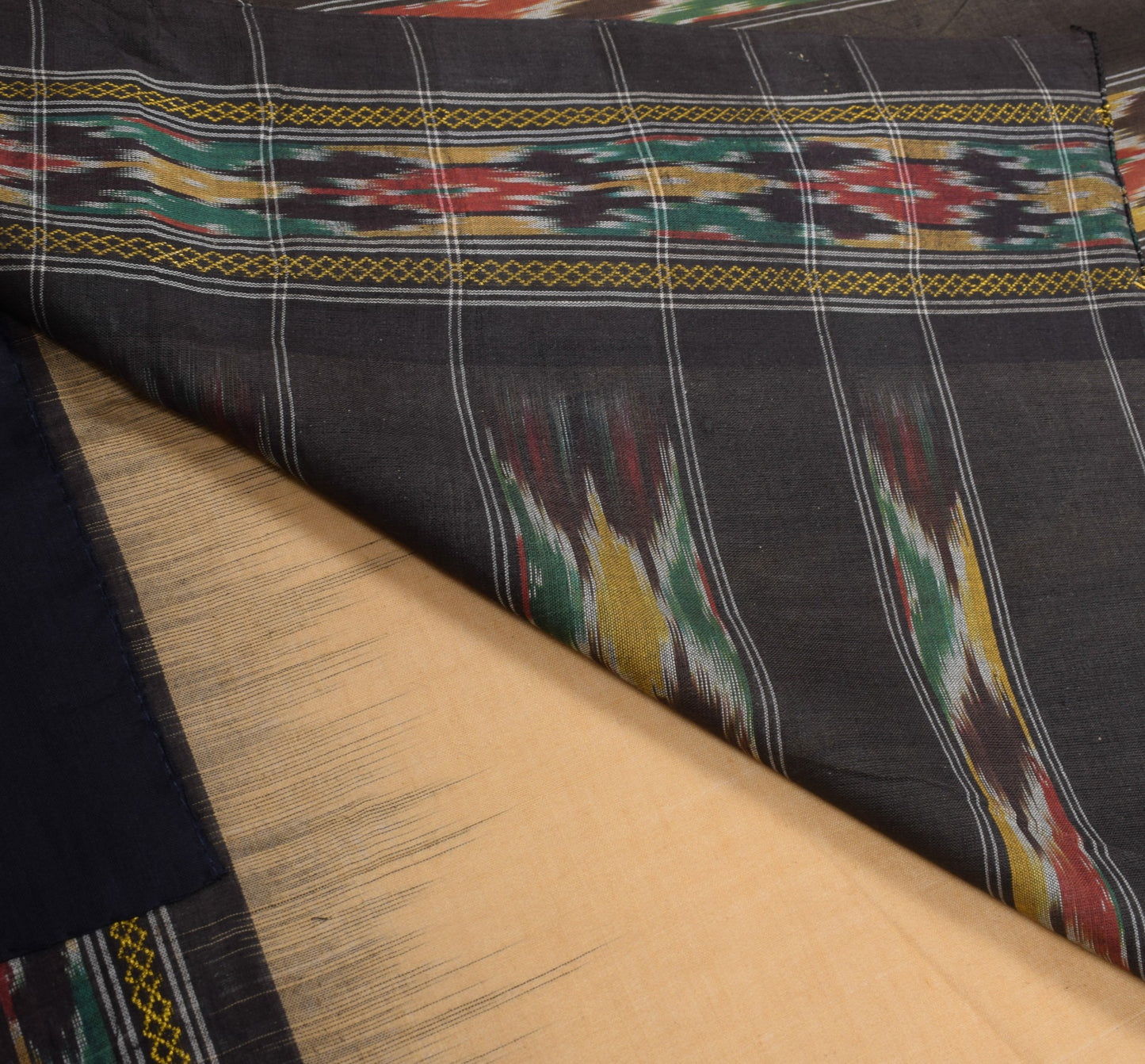 Sushila Vintage Brown Black Saree Hand Woven Ikat Patola Sari Pure Cotton Fabric