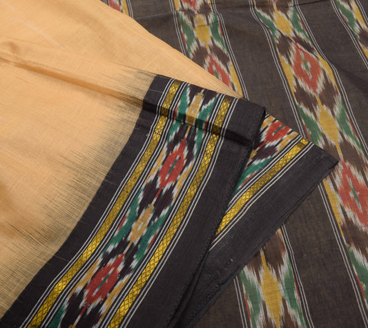 Sushila Vintage Brown Black Saree Hand Woven Ikat Patola Sari Pure Cotton Fabric