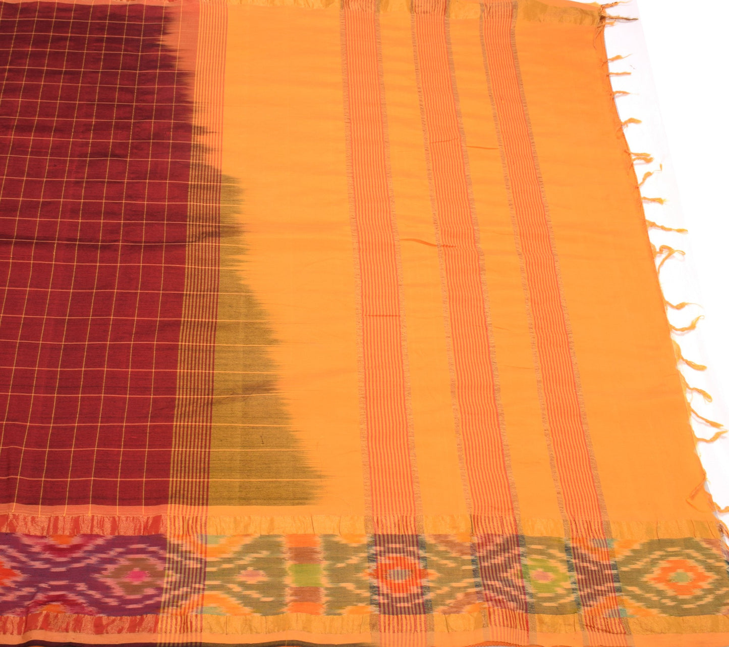 Sushila Vintage Maroon Saree Pure Cotton Silk Hand Woven Ikat with Checks Sari