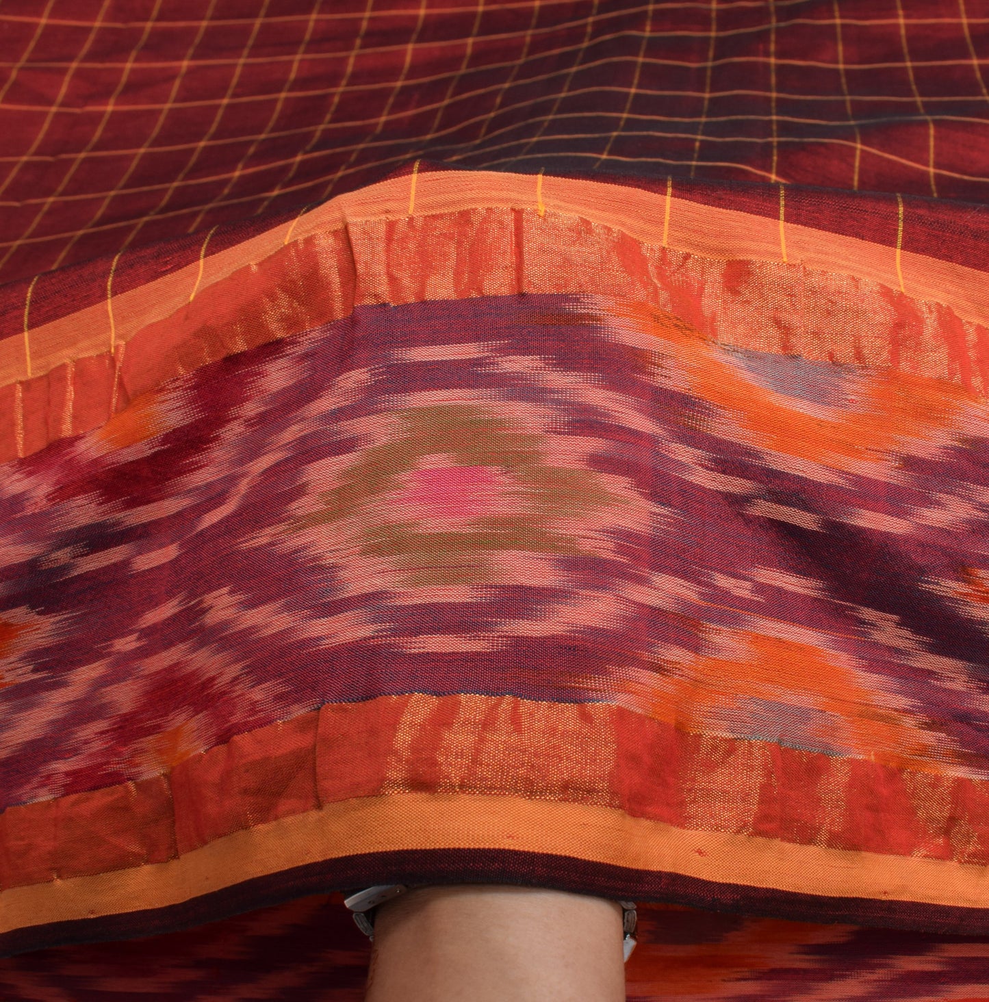 Sushila Vintage Maroon Saree Pure Cotton Silk Hand Woven Ikat with Checks Sari