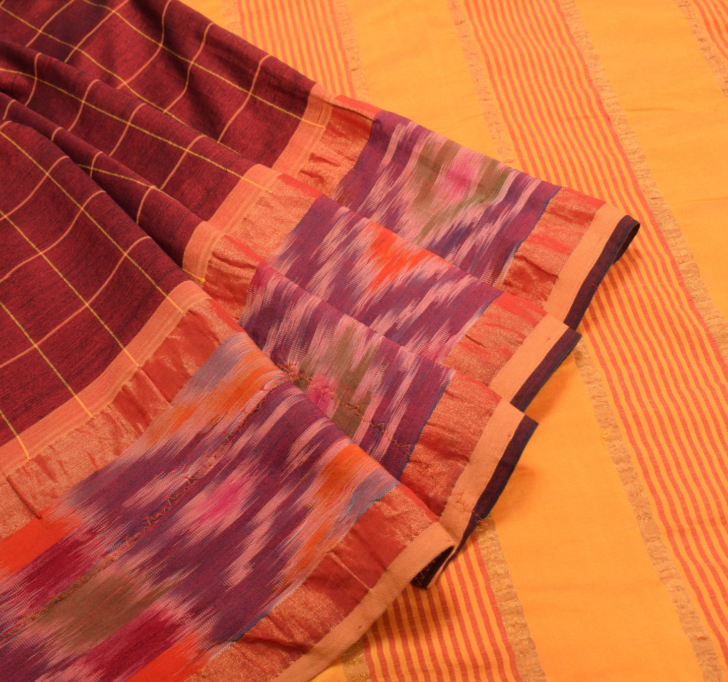Sushila Vintage Maroon Saree Pure Cotton Silk Hand Woven Ikat with Checks Sari