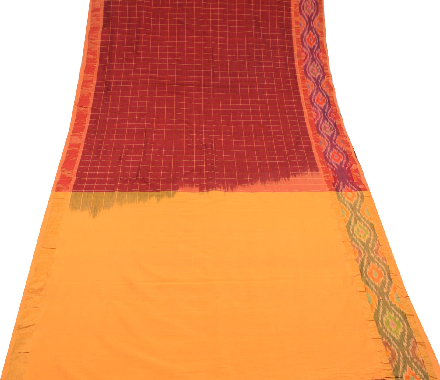 Sushila Vintage Maroon Saree Pure Cotton Silk Hand Woven Ikat with Checks Sari