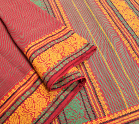 Sushila Vintage Red Green Handloom Saree Peacock Border Pure Cotton Sari Fabric