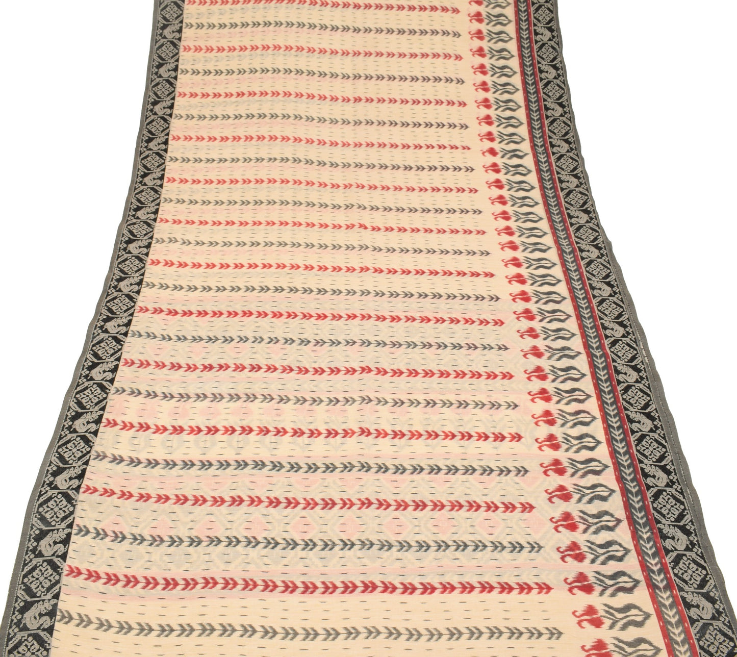Sushila Vintage Beige Black Ikat Saree Hand Woven Border Pure Cotton Silk Sari