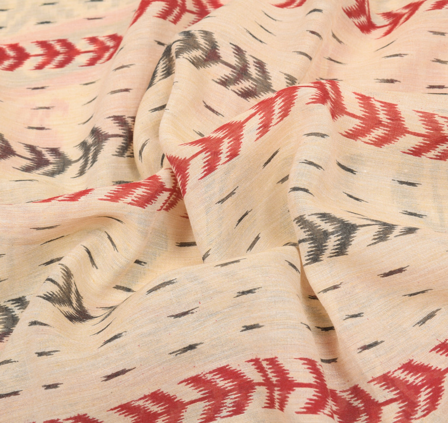 Sushila Vintage Beige Black Ikat Saree Hand Woven Border Pure Cotton Silk Sari