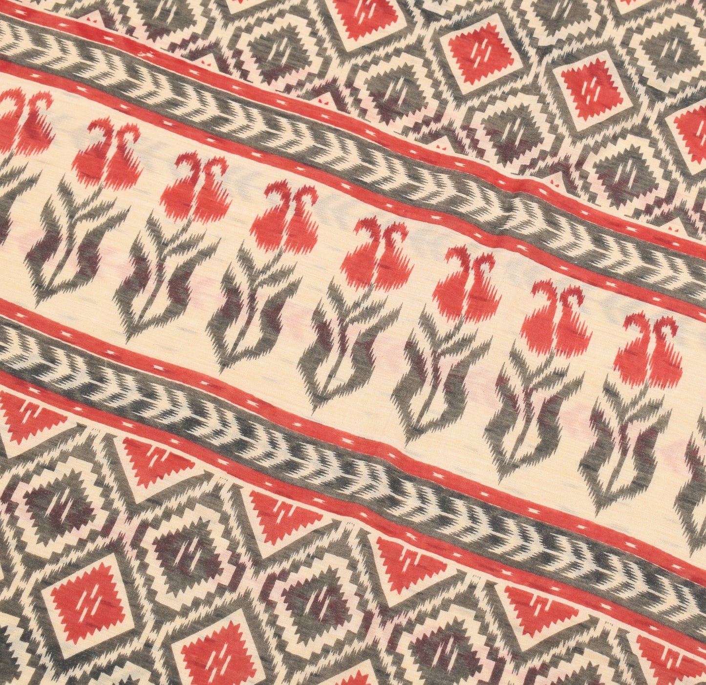 Sushila Vintage Beige Black Ikat Saree Hand Woven Border Pure Cotton Silk Sari