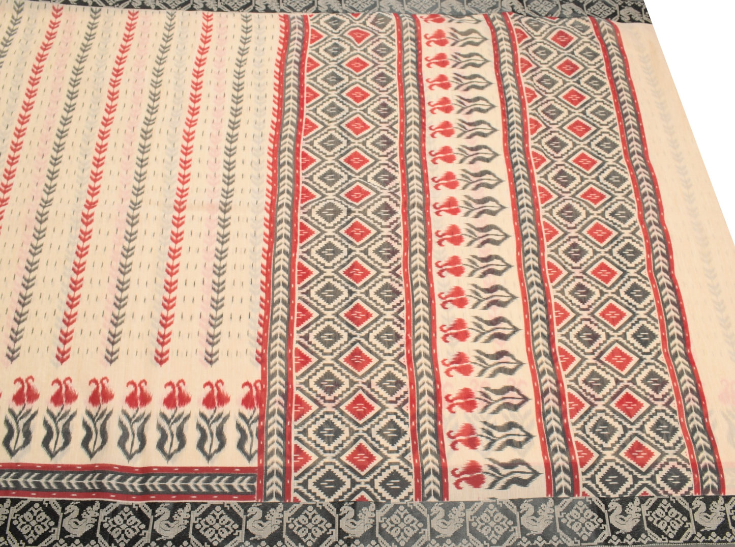 Sushila Vintage Beige Black Ikat Saree Hand Woven Border Pure Cotton Silk Sari