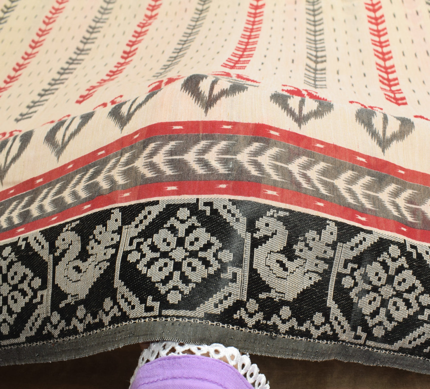 Sushila Vintage Beige Black Ikat Saree Hand Woven Border Pure Cotton Silk Sari