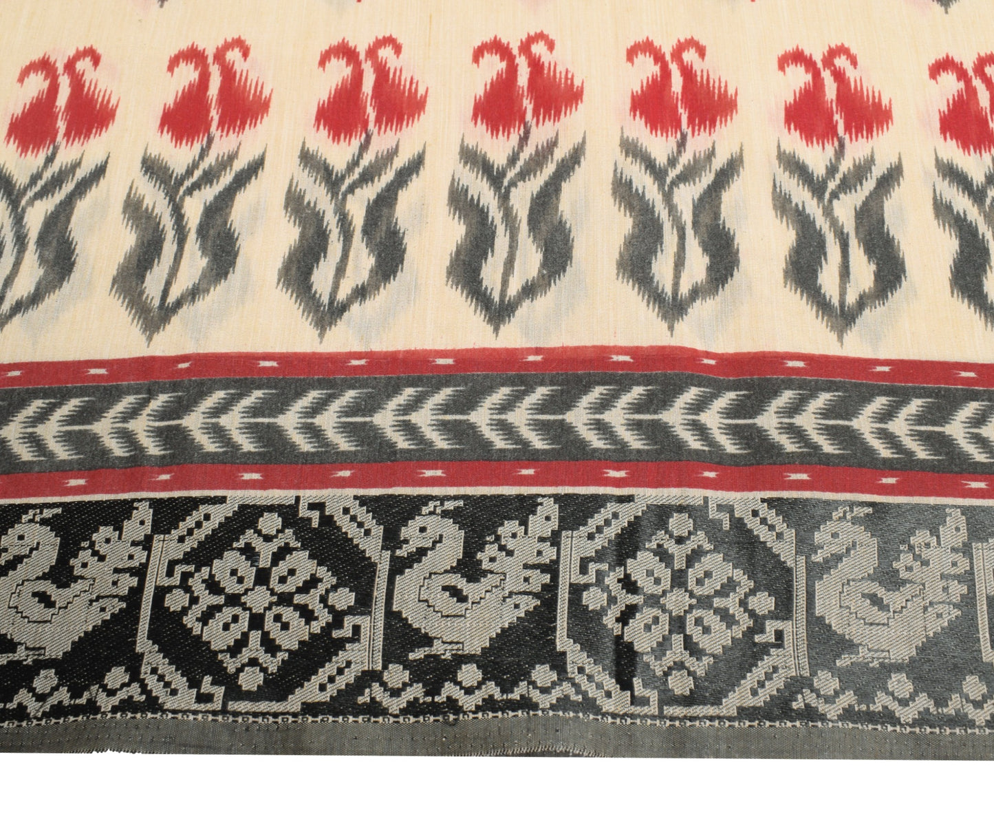 Sushila Vintage Beige Black Ikat Saree Hand Woven Border Pure Cotton Silk Sari